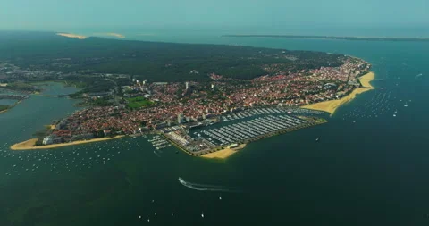 Aerial view Arcachon pier and the adjacent beach. Summer tourist spot, France Stock Footage 256977553