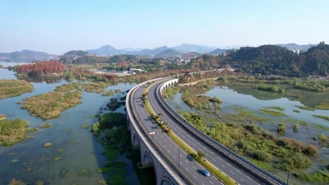 Aerial view of arch bridge over tiaoxi river Stock Footage 166789044