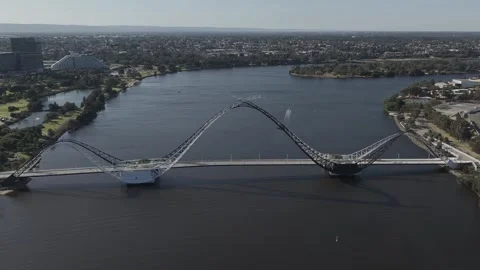 Aerial View Of Arch Matagarup Bridge Over Swan River Near Perth City Waterfront Stock Footage 326166271