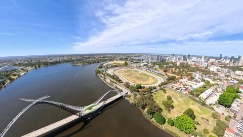 Aerial View Of Arch Matagarup Bridge Over Swan River Near Perth City Waterfront Stock Footage 326166906