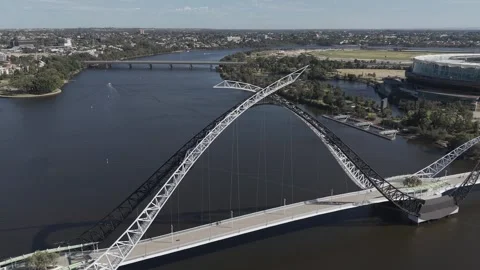 Aerial View Of Arch Matagarup Bridge Over Swan River Near Perth City Waterfront Stock Footage 326168176