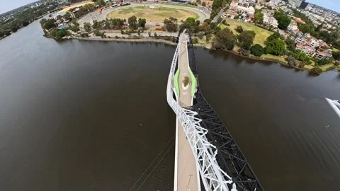 Aerial View Of Arch Matagarup Bridge Over Swan River Near Perth City Waterfront Stock Footage 326168306