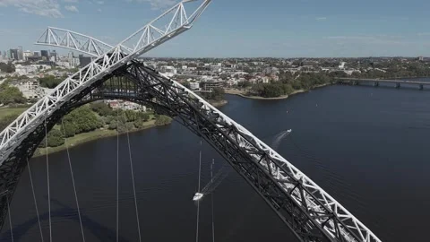 Aerial View Of Arch Matagarup Bridge Over Swan River Near Perth City Waterfront Stock Footage 326168448