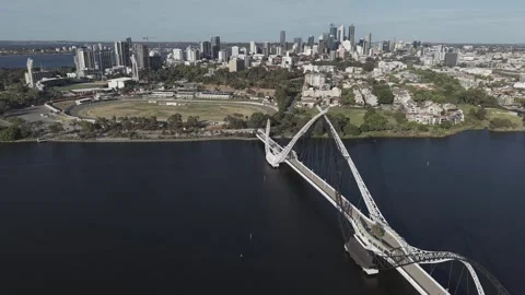 Aerial View Of Arch Matagarup Bridge Over Swan River Near Perth City Waterfront Stock Footage 326181036