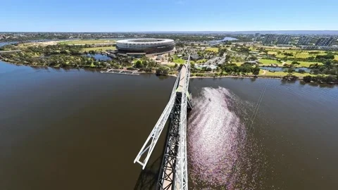 Aerial View Of Arch Matagarup Bridge Over Swan River Near Perth City Waterfront Stock Footage 328413462