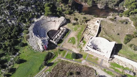 Aerial View Of The Archeological Site With Ancient Theatre And Bouleuterion Stock Footage 194947486