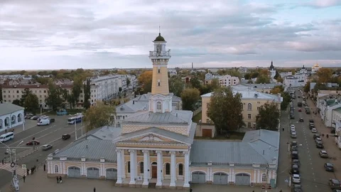 Aerial view architectural monument of the fire tower in Kostroma Stock Footage 69942463