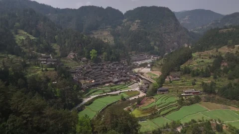 Aerial view of Architectural Scenery in Langde Miao Village,  Guizhou China Видео 307296396