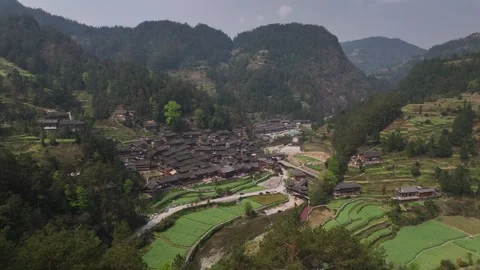 Aerial view of Architectural Scenery in Langde Miao Village,  Guizhou China Stock-Footage 307296424