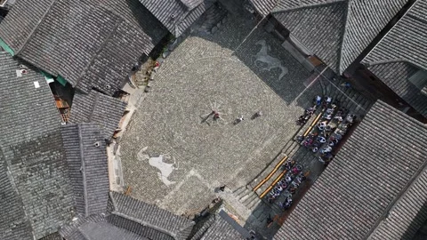 Aerial view of Architectural Scenery in Langde Miao Village,  Guizhou China Stock Footage 307296458