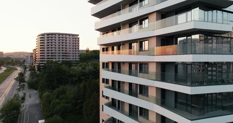 Aerial view architecture featuring protruding balconies and transparent glass Stock Footage 301874261
