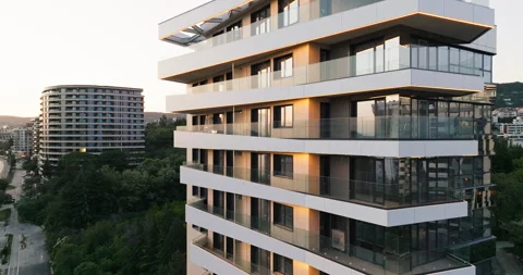 Aerial view architecture featuring protruding balconies and transparent glass Stock Footage 301875143