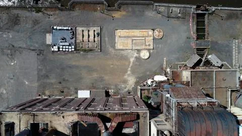 Aerial view of area in front of an old coal power plant Fotos Stock