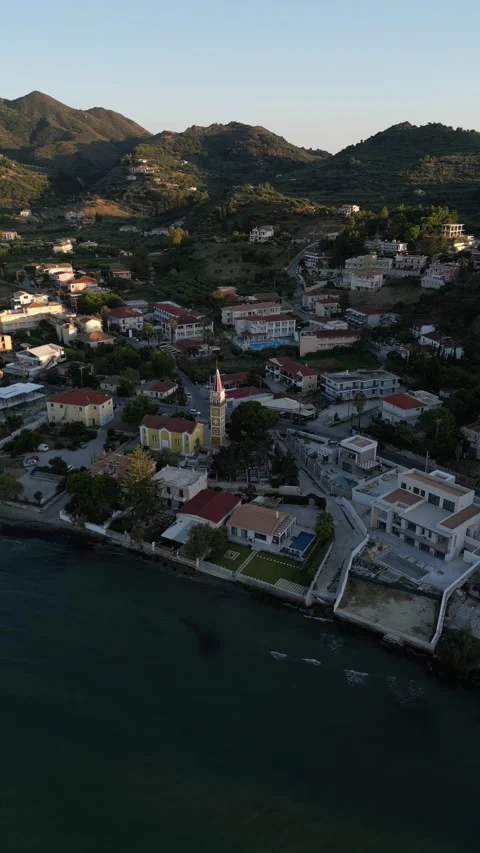 Aerial view of Argassi coastal town and church in Greece. Stock Footage 342196777
