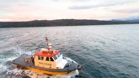 Aerial View of Argentinian Pilot Boat Navigating Beagle Channel in Patagonia at Stock Footage 345218459