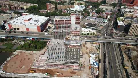 Aerial view around the Bronx Point framework, in NYC, USA - orbit, drone Stock Footage 224687341