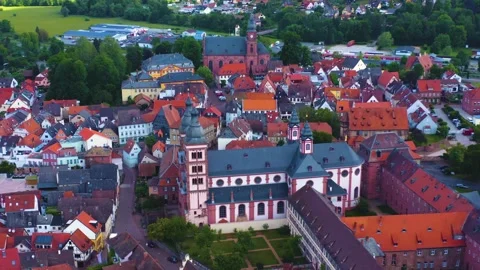 Aerial view around the monastery and old city Amorbach in Germany 動画素材 336857014