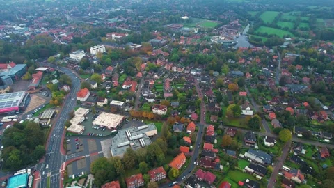 Aerial view around the old town of Aurich Stock Footage 254565254