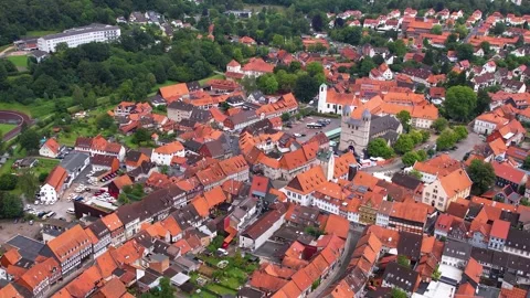 Aerial view around the old town of the city Bad Gandersheim Stock Footage 280853904