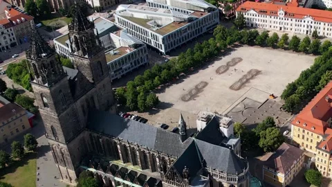 Aerial view around the old town of the city Magdeburg Stockbeeldmateriaal 306017525