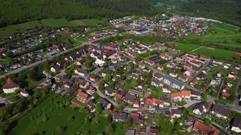 Aerial view around the old town of the city Zwingen Stock Footage 308289552