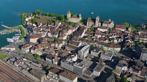 An aerial view around the old town of the city Rapperswil-Jona Stock Footage 309006014