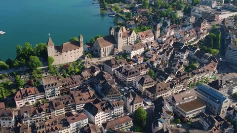 An aerial view around the old town of the city Rapperswil-Jona Stock Footage 309015627
