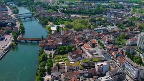Aerial view around the old town of the city Olten Stock Footage 309024627