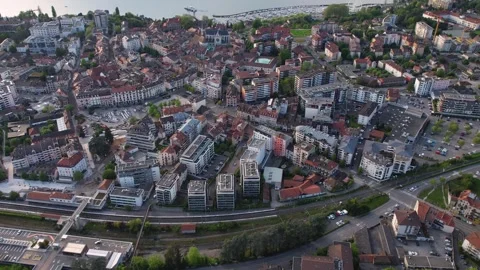 An aerial view around the old town of the city Thonon-les-Bains Stock Footage 309043333