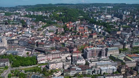 Aerial view around the old town of the city Lausanne Stock Footage 309046584