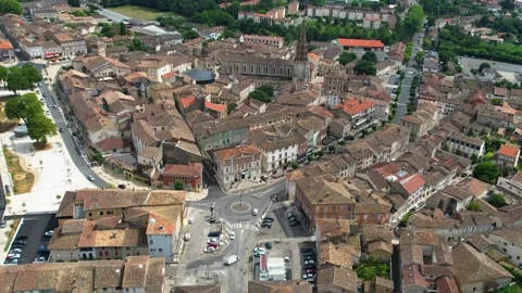Aerial view around the old town of  the city Caussade in Franc Video stock 336726059