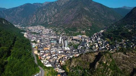 Aerial view around the old town and capitol city of Andorra Stock-Footage 336731087