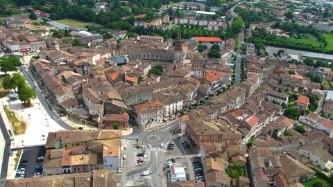 Aerial view around the old town of Caussade in France Stock-Footage 336731304