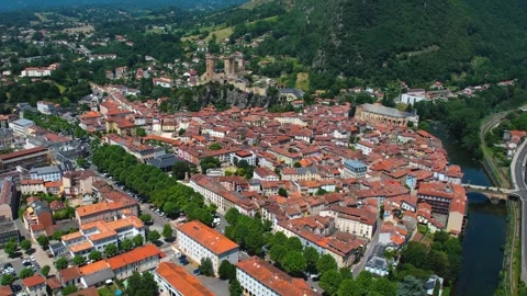 Aerial view around the old town of Foix in France Video stock 336731372