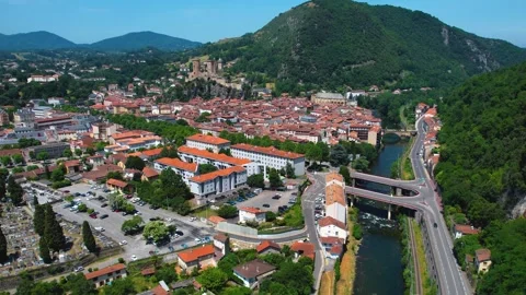Aerial view around the old town of Foix in France Stock-Footage 336731397