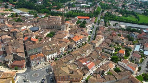 Aerial view around the old town of Caussade in France Stock-Footage 336731634