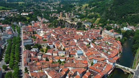 Aerial view around the old town of Foix in France Stock-Footage 336731731