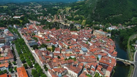Aerial view around the old town of Foix in France Stock-Footage 336731743