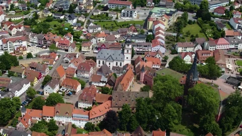 Aerial view around the old town of the city Erbach im Odenwald in Germany Видео 336810054