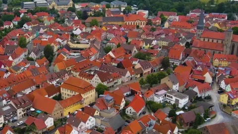 Aerial view around the old town of the city Münnerstadt in Germany Stockbeeldmateriaal 336860718