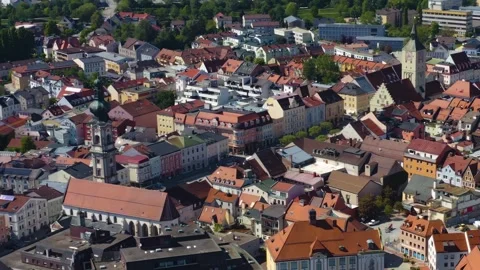 Aerial view around the old town of the city Deggendorf in Bavaria Видео 337448028