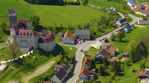 Aerial view around the old town and castle Katzenste in Baveria Видео 337449007