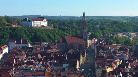 Aerial view around the old town of the city  Landshut in Bavaria 库存影片 337449517