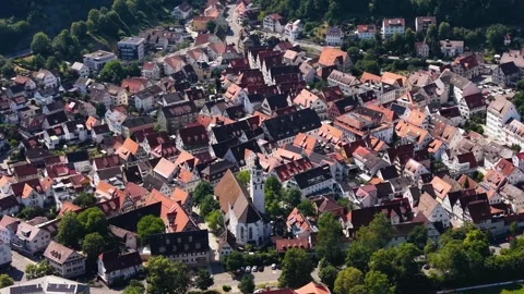 Aerial view around the old town of the city Blaubeuern in Germany Stockbeeldmateriaal 338239846