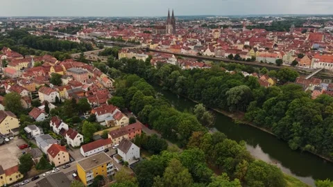 Aerial view around the old town of the city Regensburg in Germany Видео 338295989