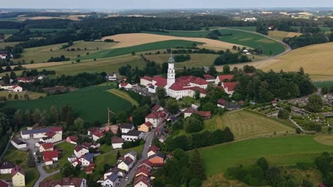 Aerial view around the old town of the city Waldkraiburg in Bavaria Stock Footage 338411883