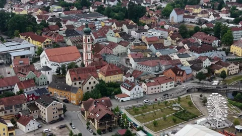 Aerial view around the old town of the city Roding in Germany Видео 338418645