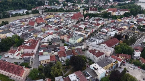 Aerial view around the old town of the city Wasserburg am Inn in Germany Видео 338442379