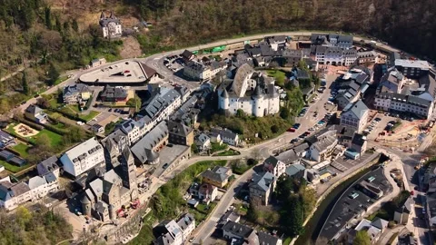 Aerial view around the old town of the city Clervaux Stock Footage 339798064