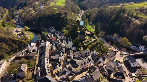 Aerial view around the old town of the city Esch-sur-Sure Stock-Footage 339798543